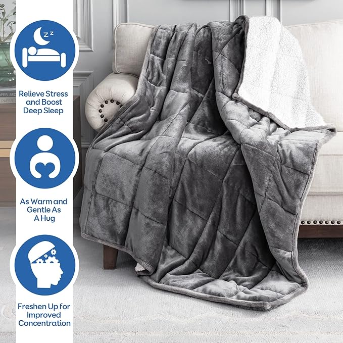 Cottonblue Sherpa Fleece Weighted Blanket 12lbs, Flannel Cozy Plush Bed Throw, Fuzzy Sherpa Flannel Bedding Blankets Throw, Minky Soft Blankets for Sofa Bed, 48 x 72 inches, White Grey