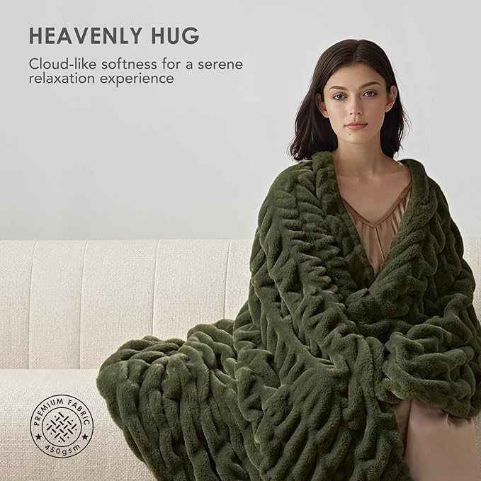EVERGRACE Luxurious Soft Faux Rabbit Fur Throw Blanket, Cozy Fuzzy Plush Warm Throws for Couch Bed Sofa Chair Home Decor, Ruched Bubble Fluffy Blanket with Reversible Velvet, 50" x 60", Loden Green