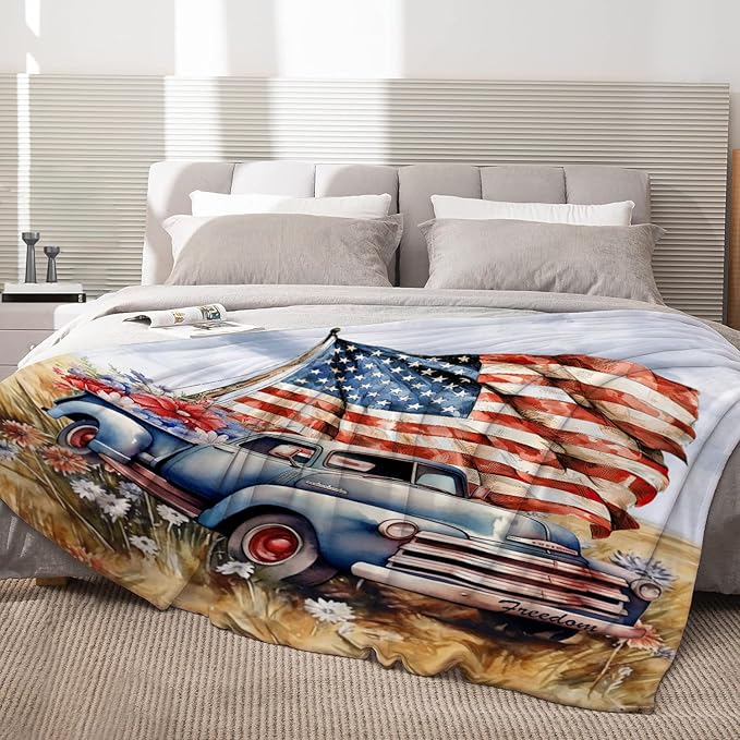 Neatee Living Patriotic Throw Blanket Twin 4th of July Memorial Day Fourth of July American Flag Veteran Blanket Couch Bed Stars Stripe Red White Blue Soft Fleece Blanket Home Decorations 60x80