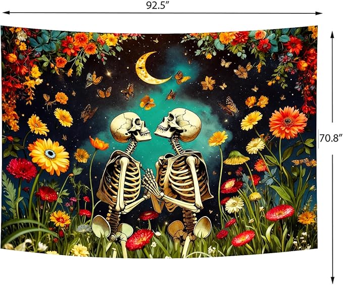 Delur Floral Skeleton Lovers Tapestry Gothic Romantic Skull Vintage Flower Plant Tapestry Wall Hanging Abstract Mushroom Moon Garden Headboard for Bedroom Living Room Home Decor (70.8" x 92.5")