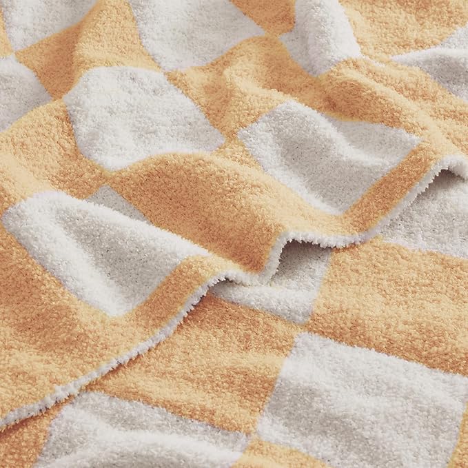 JOOJA Soft Cozy Checkerboard Peach Blanket Fluffy Knit Throw for Couch Plaid Checkered 50x60 in
