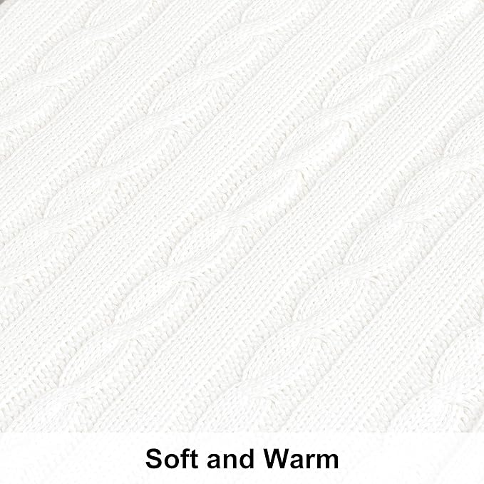 NTBAY 100% Pure Cotton Cable Knit Throw Blanket, Super Soft Warm 51x67 Knitted Throw Blanket for Couch, Sofa, Chair, Bed - Extra Cozy, Machine Washable, Comfortable Home Decor, White
