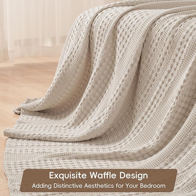 PHF 100% Cotton Waffle Weave Blanket Twin Size, Soft Lightweight Breathable Cozy Summer Blankets for Bed, Luxury Aesthetic Woven Bedding for Home Decor, 66"x90", Oatmeal