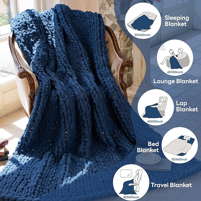 Chunky Knit Blanket - Luxury Soft Cozy King Size(60 * 80) Throw Blanket,100% Woven Blanket Rope Knot Throw Blanket for Couch, Sofa, Home Decor, Gift - Machine Washable(Deep Blue)
