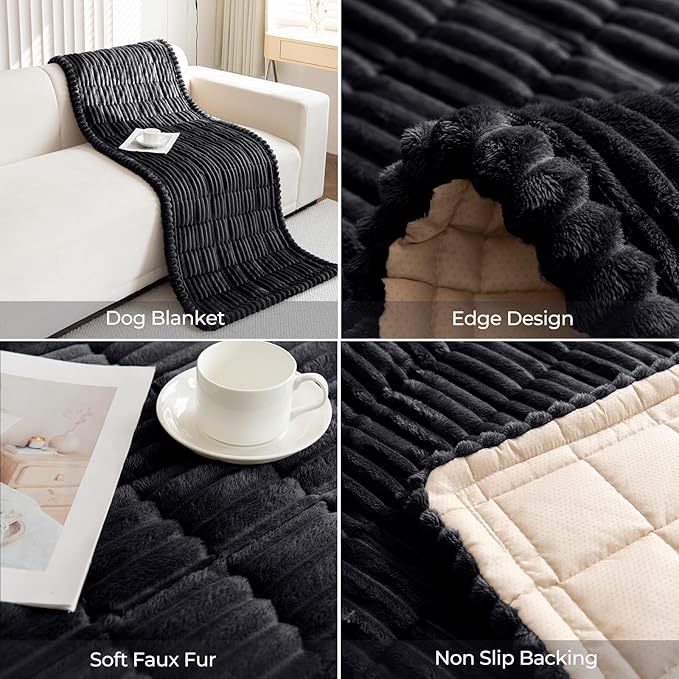 Faux Fur Plush Dog Couch Cover 3D Stripe Fuzzy Sofa Cover Non-Slip Fluffy Dog Bed Cover Pet Blanket Sofa Couch Furniture Protector for Puppy Large Dog Cat (Black,28"x28")