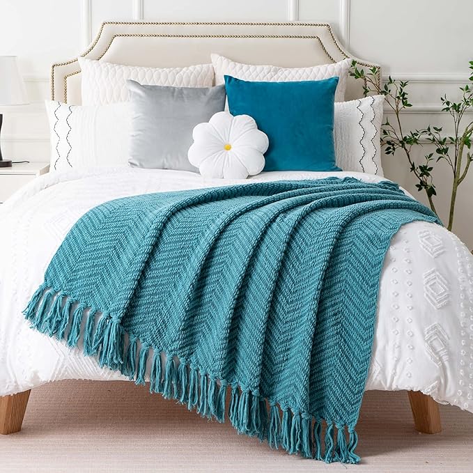 BATTILO HOME Teal Throw Blanket for Couch, Knit Woven Turquoise Blankets Versatile for Chair, Super Soft Warm Decorative Green Blanket with Tassels for Bed Sofa, 50"x60"