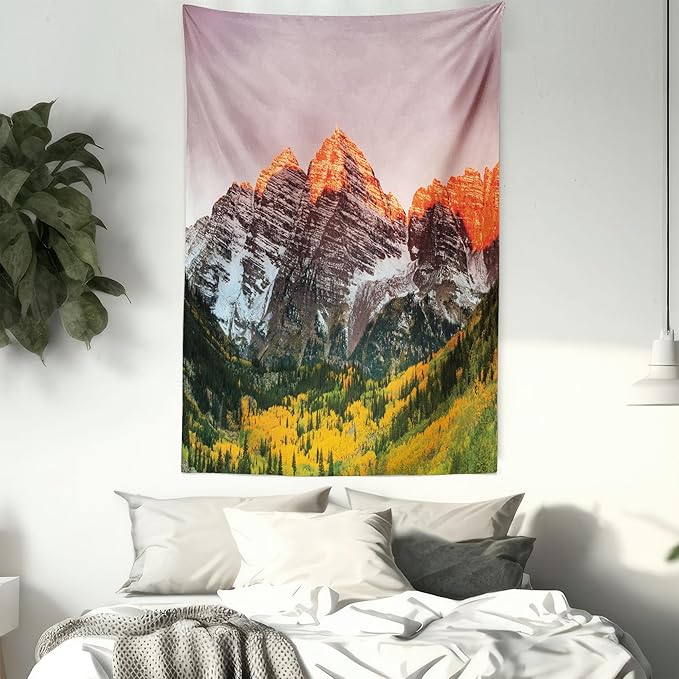 Ambesonne Mountain Tapestry Queen Size, Scenic Western American Mountains on Valley with Snowy Peaks at Sunset Landscape, Wall Hanging Bedspread Bed Cover Wall Decor, 88" X 88", Mauve Brown