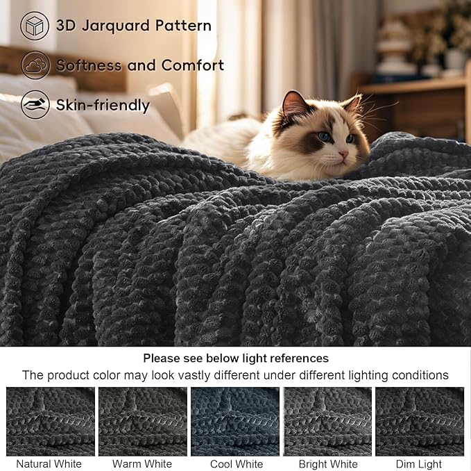 PHF Ultra Soft Flannel Fleece Blanket King Size, Lightweight 3D Jacquard Fleece Blanket, No Shedding, No Pilling, Luxury 340GSM Aesthetic Fluffy Cozy for Bed Room Decor, 108"x90", Dark Grey