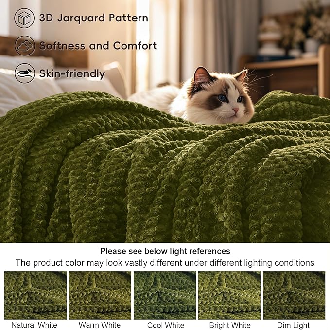 PHF Ultra Soft Flannel Fleece Blanket Queen Size, Lightweight 3D Jacquard Fleece Blanket, No Shedding, No Pilling, Luxury 340GSM Aesthetic Fluffy Cozy for Bed Room Decor, 90"x90", Olive Green