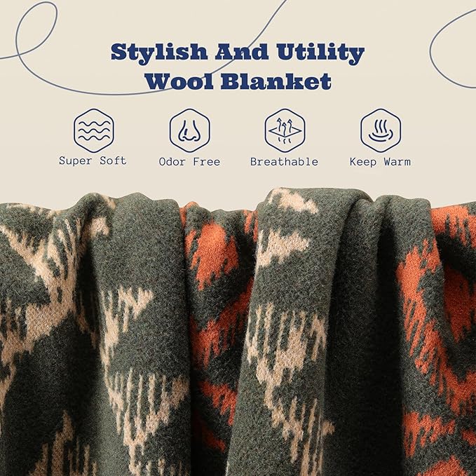 ACUSHLA Merino Wool Blanket - Soft Warm Thick Washable Large Throw Blanket for Camping Bed Couch Outdoor Travel All Weather, Navajo Style Green 79X63