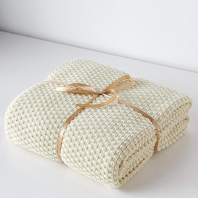 Longhui bedding Cream Knitted Throw Blanket for Couch, Soft, Cozy Machine Washable 100% Cotton Sofa Knit Blankets, Heavy 3.0lb Weight, 51 x 63 Inches, Beige Color