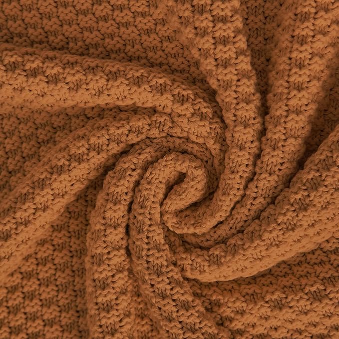 Longhui bedding Burnt Orange Knitted Throw Blanket for Couch, Soft, Cozy Machine Washable 100% Cotton Sofa Knit Blankets, Heavy 4.0lb Weight, 60 x 80 Inches, Laundry Bag Included