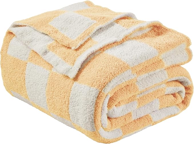 JOOJA Soft Cozy Checkerboard Peach Blanket Fluffy Knit Throw for Couch Plaid Checkered 50x60 in