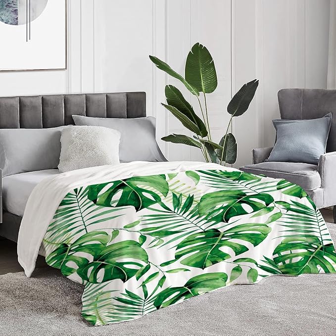 Neatee Living Tropical Leaf Throw Blanket King Size Green White Plant Blanket for Bed Couch Soft Cozy Fuzzy Plush Fleece Blanket Large Oversized Decorative Spring Summer Gift Blanket 90x108