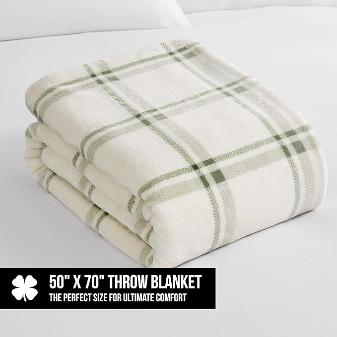 Lucky Brand Sherpa Plaid Olive/Sage 50"X70" Cozy Plush Blanket - Premium Microfiber Throw for Luxurious Comfort and Style