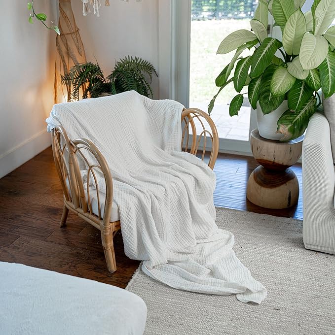 Comfy Cubs Muslin Throw Blanket - 50” x 60” Quilted Design - Lightweight, Breathable 6-Layer Gauze Fabric - Soft Cotton Blanket for Home or Travel - Packaged in Elegant Gift Box - White
