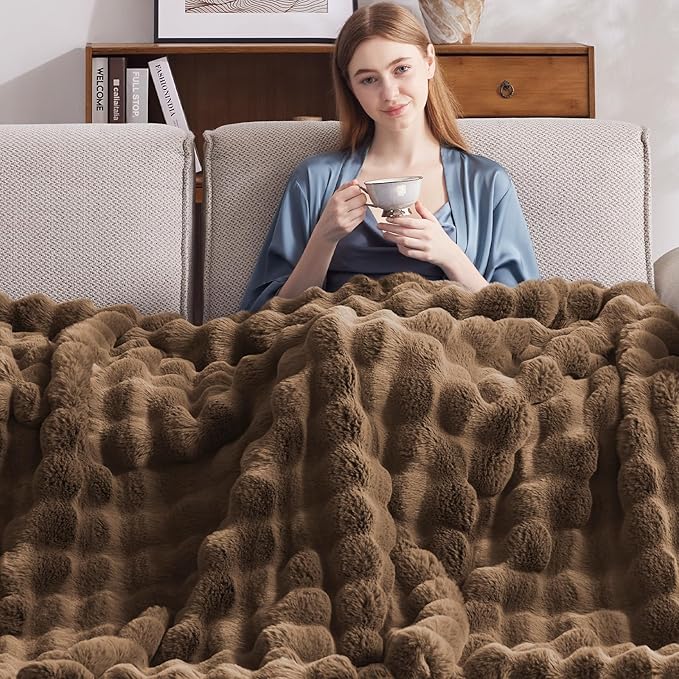 Heated Blanket Throw with 1/2/4/6/8 Hours Auto-Off 10 Heat Level, 62'' * 84'' Cozy Faux Rabbit Fur Bubble Electric Blanket with Overheat Protection(Brown)