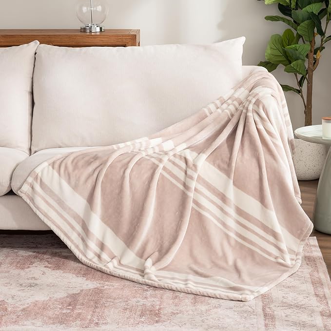 Berkshire Blanket-Classic Heavyweight Soft Printed VelvetLoft® Plush Throw Blanket, Cozy and Fuzzy, Stripe Cream, 50in x 70in
