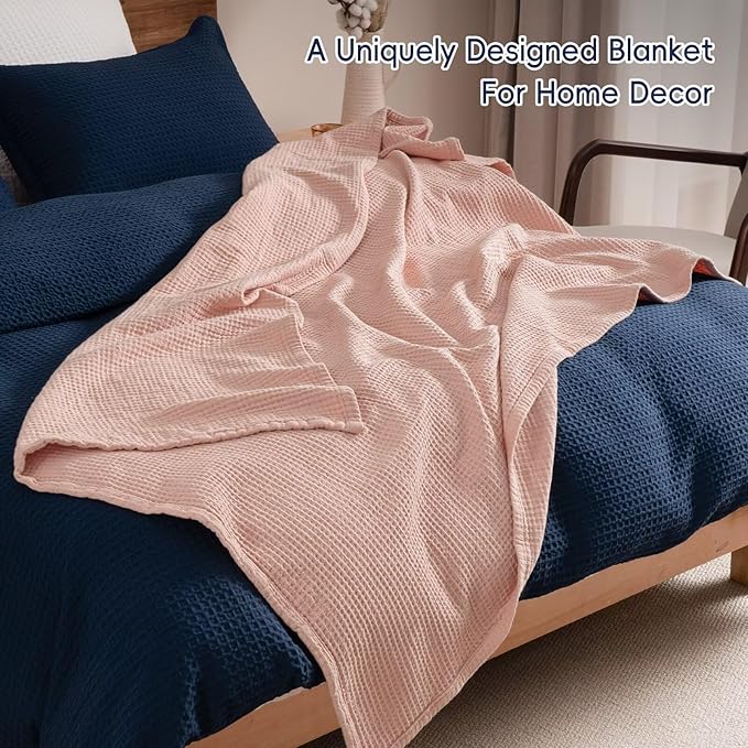 PHF 100% Cotton Waffle Muslin Throw Blanket Large 50" x 70", Lightweight and Breathable Washed Cotton Blanket, Aesthetic Soft Muslin Waffle Bedding for Sofa Bed Home Decor, Rose Smoke
