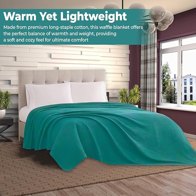 100% Cotton Blankets for Throw Size Bed - Waffle Weave Blankets for Summer, Lightweight and Breathable Soft Woven Blanket for Spring (Teal, Throw (50" x 60")