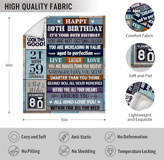 80th Birthday Gifts for Men Women, 80th Birthday Gift Ideas, Milestone 80th Birthday Decorations, Funny 80 Years Old Gift for Husband Wife Him Her Dad Mom, 80th Birthday Gifts Throw Blanket 50" x 60"