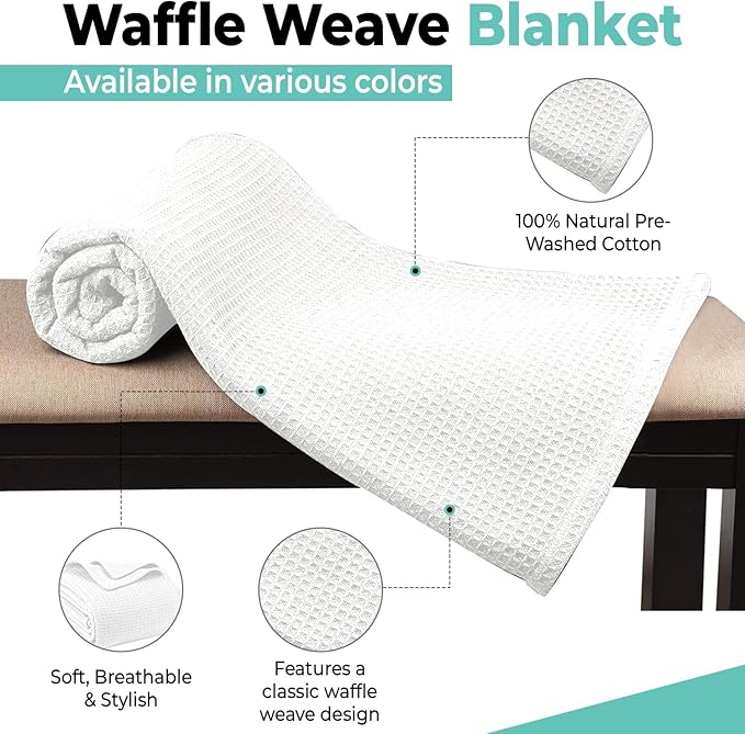 100% Cotton Blankets Queen Size for Bed - Waffle Weave Blankets for Summer, Lightweight and Breathable Soft Woven Blanket for Spring, (White, Queen (90" x 90"))
