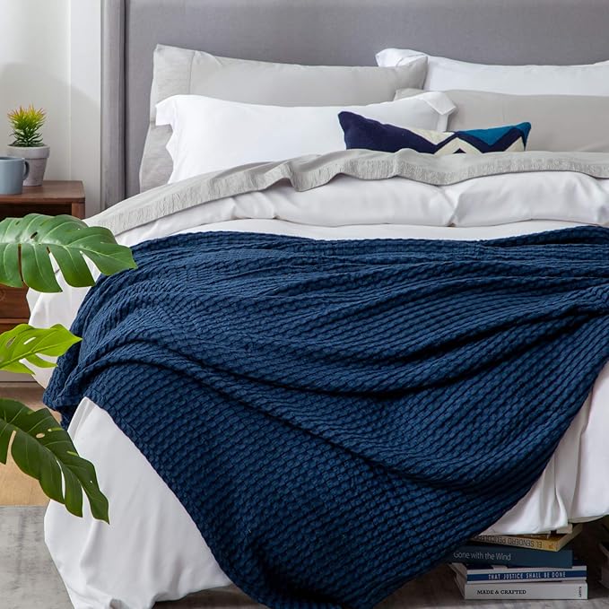 Bedsure Cooling Cotton Waffle Queen Size Blanket - Lightweight Breathable Summer Blanket of Rayon Derived from Bamboo for Hot Sleepers, Luxury Throws for Bed, Couch and Sofa, Navy, 90x90 Inches