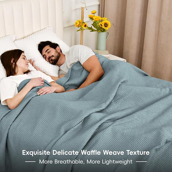 PHF Pre-Washed Cotton Waffle Weave Blanket King Size for Bed,Snag Proof Throw for Couch Spring Summer,Lightweight Breathable,Oeko-TEX Certified,Machine Washable, Home Decor Gift-Ocean/Sliver Blue