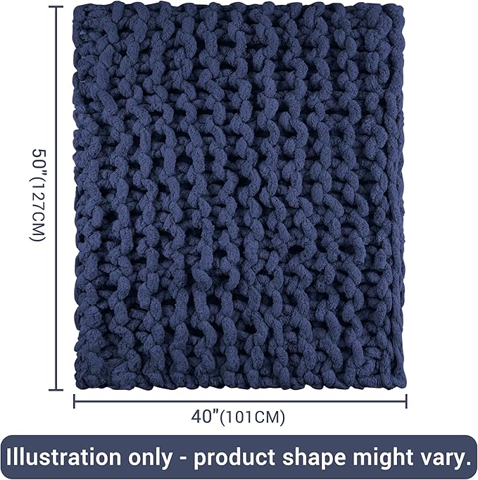 Knit Blanket 40"x50" Navy Blue Cream Soft Washable Chenille Throw Blanket Cozy 100% Handmade Crochet Blankets with Jumbo Chenille Yarn for Couch Bed Sofa Room Decor