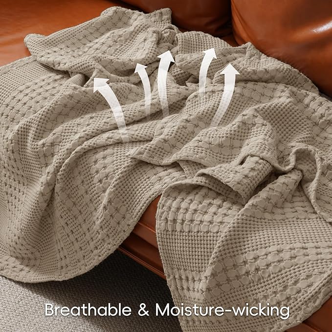 PHF 100% Cotton Waffle Weave Blanket Twin Size, Soft Lightweight Breathable Cozy Summer Blankets for Bed, Luxury Aesthetic Woven Bedding for Home Decor, 66"x90", Simply Taupe