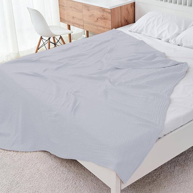 Cosy Family 6 Layer Muslin Bed Blanket - Breathable and Lightweight Gauze Boho Blanket for Spring, Soft 100% Cotton Muslin Blanket, Slate, 55x80 Inches