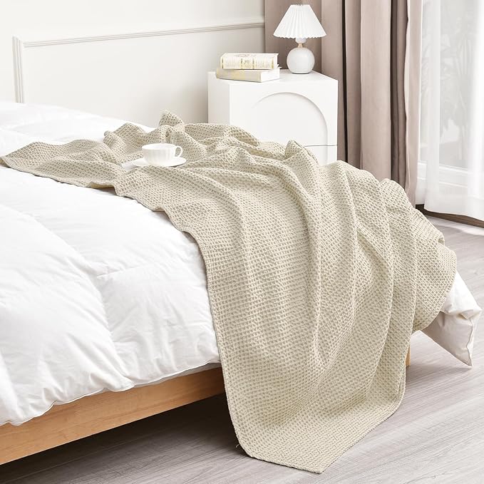 PHF Pre-Washed Cotton Waffle Weave Blanket Throw Size for Couch Bed,Snag Proof Spring Summer Lightweight Breathable,Oeko-TEX Certified,Machine Washable, Home Decor Gift-Linen/Stone