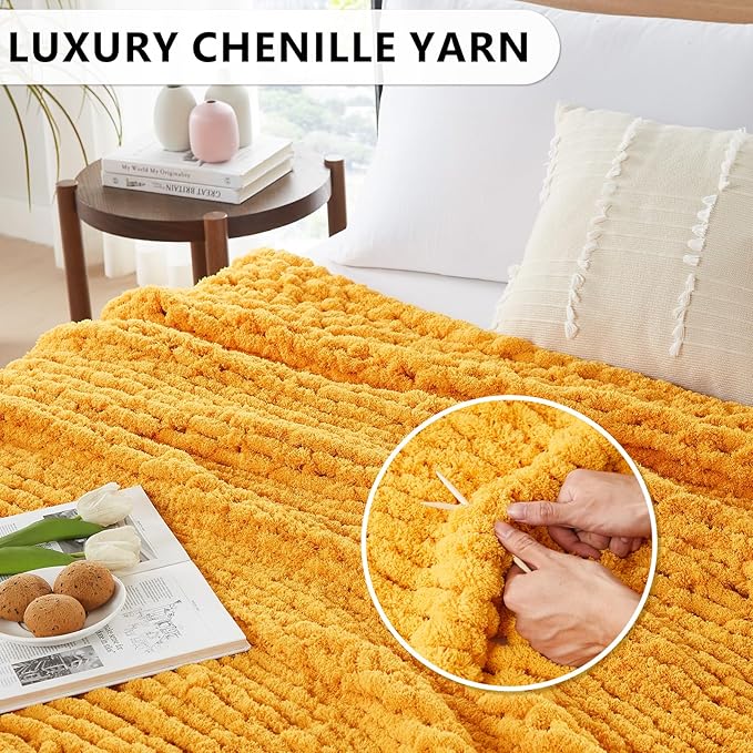 L'AGRATY Chunky Knit Blanket Throw - Soft Chunky Throw Blanket 30x40: 100% Hand Kintted Chenile Crochet Throw Blanket for Couch - Large Cable Knit Chunky Blanket for Home Decor(Mustard Yellow)