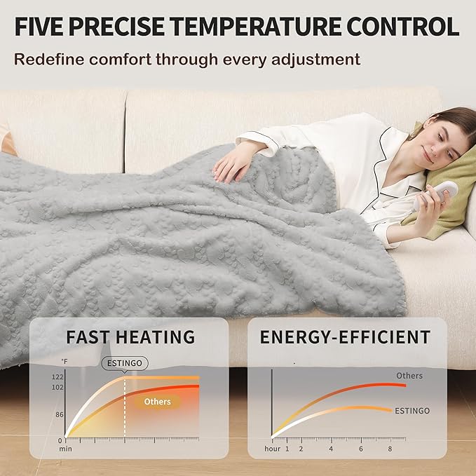 ESTINGO Faux Fur Electric Throw Blanket, Luxury Furry Throw Heated Blanket, 3D Leaf-Patterned Thick Rabbit Fux Fluffy Heating Blanket with 5 Heating Levels & 4 Hours Auto Off, 50" x 60" Light Gray