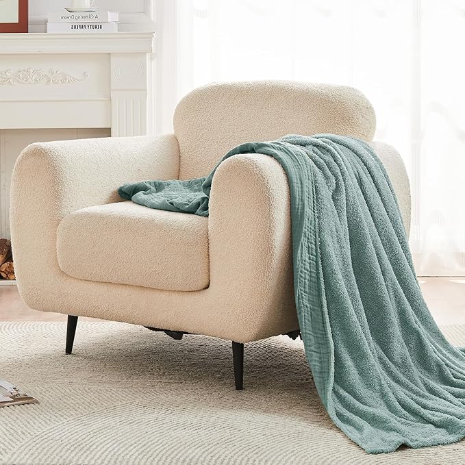 EMME Muslin Cotton Fleece Twin Blanket Reversible - 60"*80" Teal Soft Warm Throw Blankets for Couch Bed Picnic Travel Bed