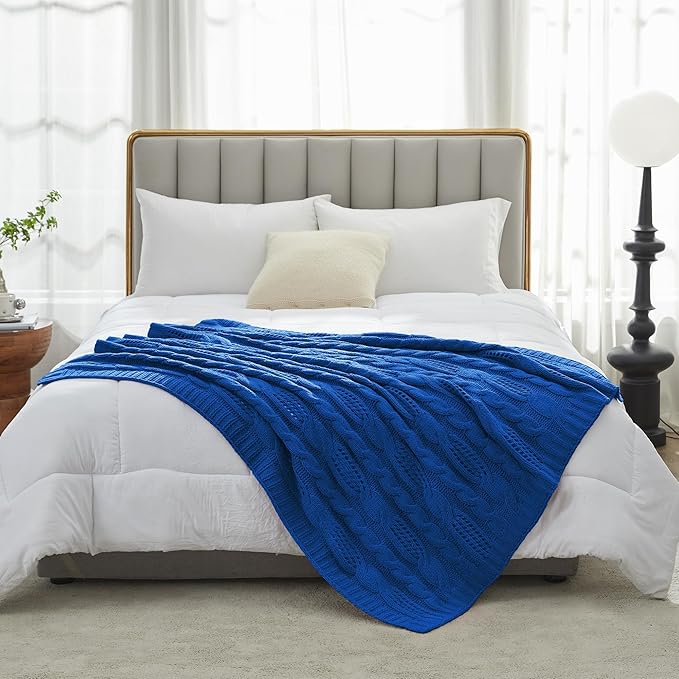Amélie Home Chunky Knit Chenille Throw Blanket, Breathable Cable Knitted Blanket for Couch, Farmhouse Decorative Throw for Sofa Chair Bed, 50"x60", Blue