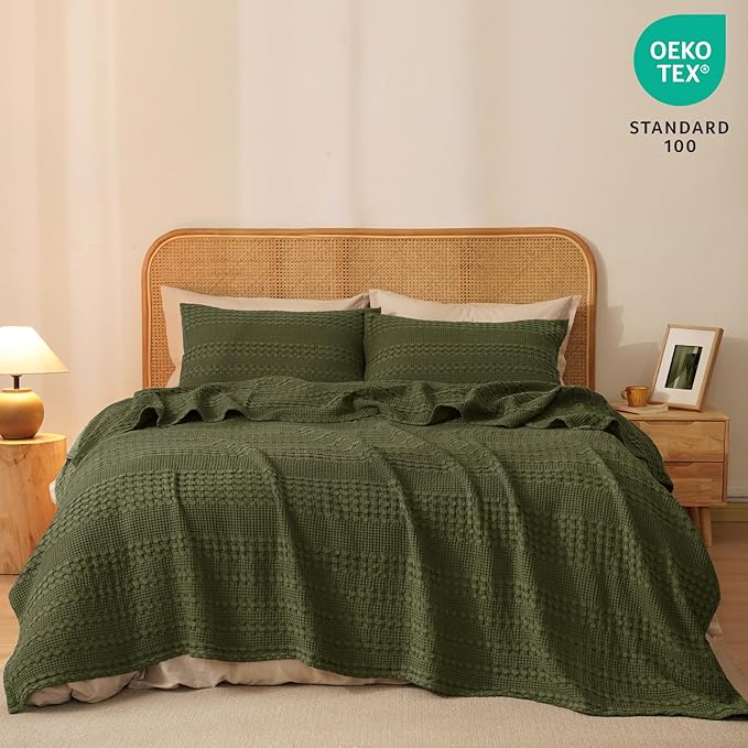 PHF 100% Cotton Waffle Weave Blanket King Size, Soft Lightweight Breathable Cozy Summer Blankets for Bed, Luxury Aesthetic Woven Bedding for Home Decor, 108"x90", Capulet Olive