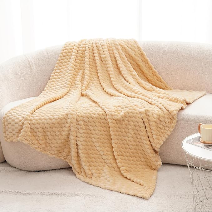 PHF Ultra Soft Flannel Fleece Throw Blanket, Lightweight 3D Jacquard Fleece Blanket, No Shedding, No Pilling, Luxury 340GSM Aesthetic Fluffy Cozy Throws for Couch Room Decor, 50"x60", Beige