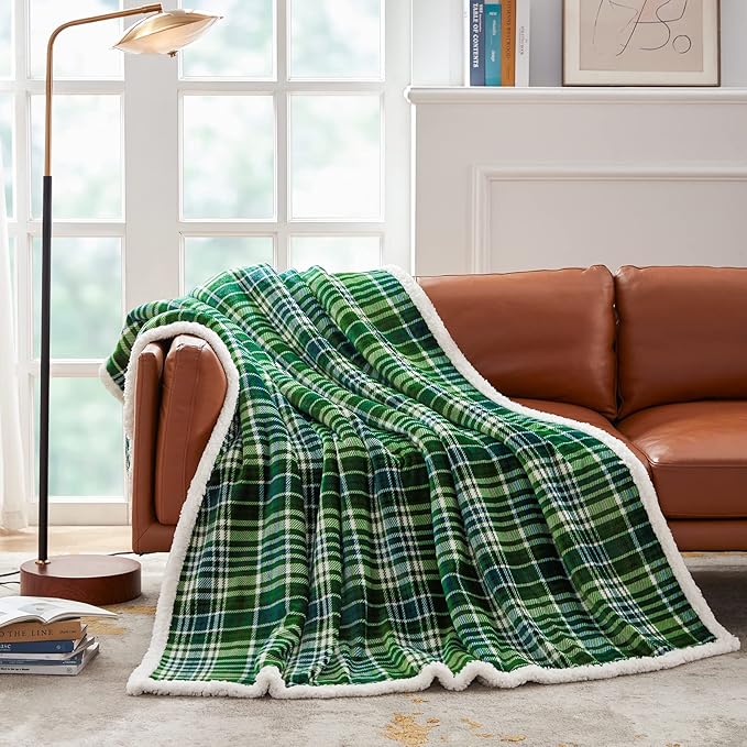 Touchat Sherpa Plaid Throw Blanket(60" X 70", Plaid Green), Fuzzy Fluffy Cozy Soft Blanket, Fleece Flannel Plush Twin Size Microfiber Blanket for Couch Bed Sofa