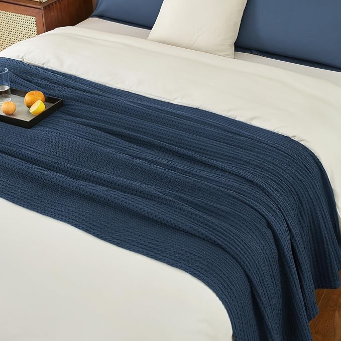 PHF Lightweight Waffle Weave Blanket Twin Size, Breathable & Ultra Soft, 66"x 90" Soft & Cozy Thin Blanket, Perfect for Summer & Hot Sleepers, Bed, Home Decor - Navy Blue