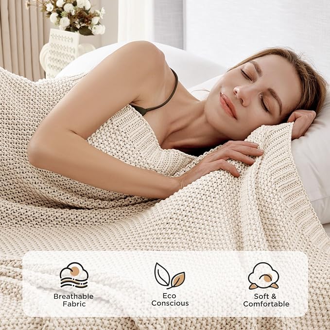 Joydeco Chunky Cable Knit Throw Blanket, Lightweight 100% Cotton Soft Cozy Throw Twin Blanket for Couch Bed and Sofa, Rustic Breathable Farmhouse Blanket Gift for Women Men(Cream White, 60"x80")
