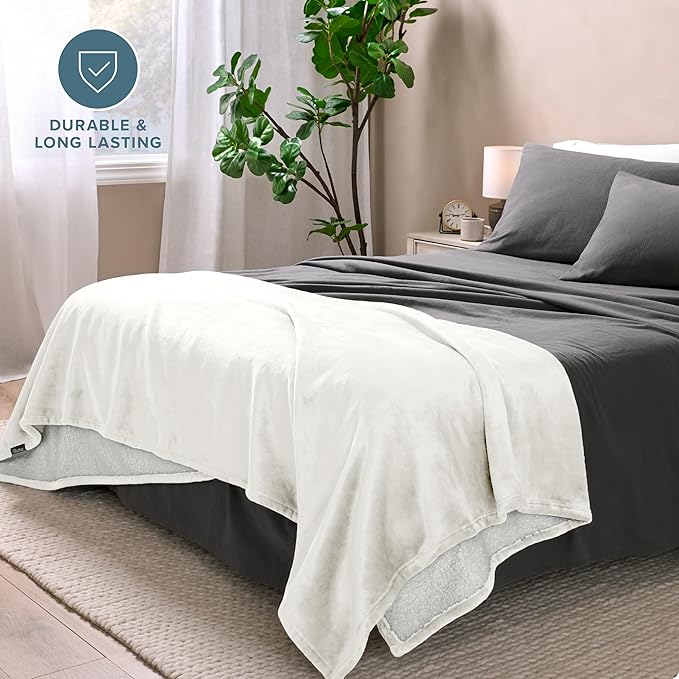 Bare Home Sherpa Fleece Blanket - Full/Queen Size - Blanket for Bed, Sofa, and Couch - Warm & Lightweight - Fluffy & Soft - Reversible (Full/Queen, Cream)