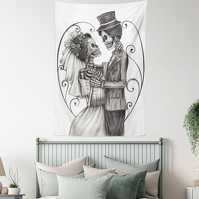 Ambesonne Day of the Dead Tapestry, Love Skull Skeleton Marriage Eternal Love Theme Spanish Art, Wall Hanging for Bedroom Living Room Dorm Decor, 60" X 80", Dimgrey White