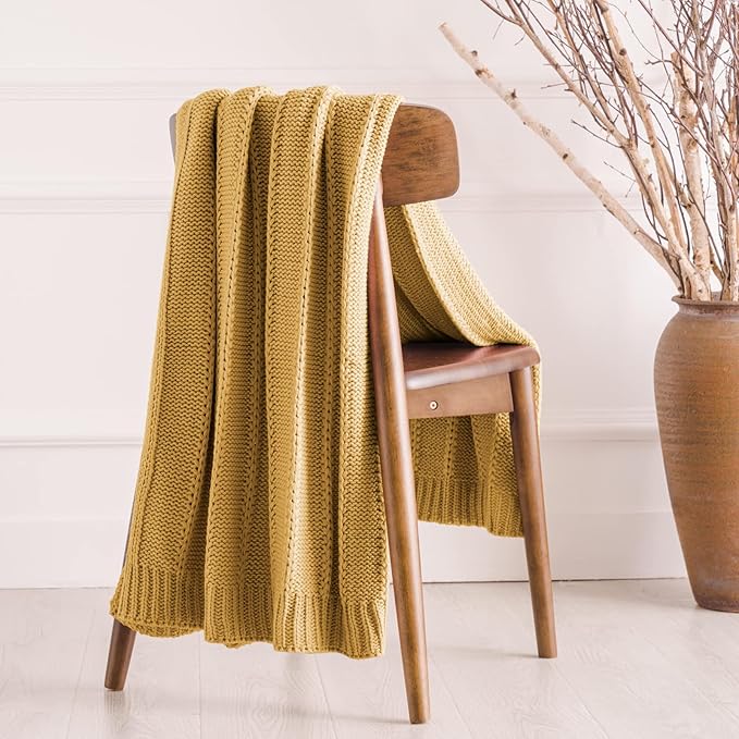 RECYCO Cable Knit Mustard Yellow Throw Blanket Twin Size for Couch, Super Soft Warm Cozy Decorative Knitted Throw Blanket 3.6LB for Bed, Sofa, Chair Large 60"x80"
