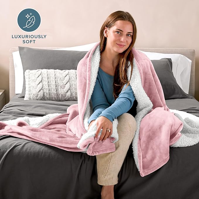 Bare Home Sherpa Fleece Blanket - Twin/Twin Extra Long - Blanket for Bed, Sofa, and Couch - Warm & Lightweight - Fluffy & Soft - Reversible (Twin/Twin XL, Light Pink)