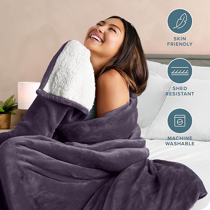 Bare Home Sherpa Fleece Blanket - Twin/Twin Extra Long - Blanket for Bed, Sofa, and Couch - Warm & Lightweight - Fluffy & Soft - Reversible (Twin/Twin XL, Eggplant)
