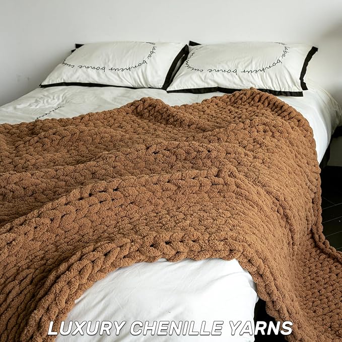 Chunky Knit Blanket - Luxury Soft Cozy Queen Size(40 * 50) Throw Blanket,100% Woven Blanket Rope Knot Throw Blanket for Couch, Sofa, Home Decor, Gift - Machine Washable(Brown)