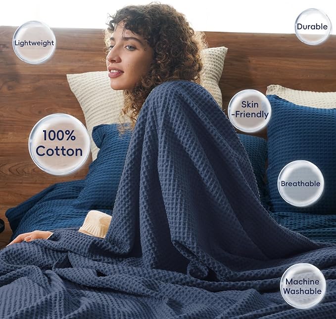 PHF 100% Cotton Waffle Weave Blanket Queen Size 90"x90"-Lightweight Cozy Washed Soft Breathable Throw - Perfect Layer for Couch Bed Sofa-Elegant Aesthetic Home Decoration Gift - Dark Navy