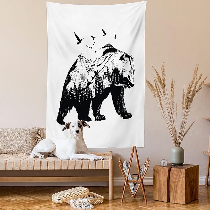 Ambesonne Bear Tapestry, Mammal Silhouette Mountain Landscape Flying Birds and Forest Wildlife Design, Fabric Wall Hanging Decor for Bedroom Living Room Dorm, 23" X 28", White Charcoal