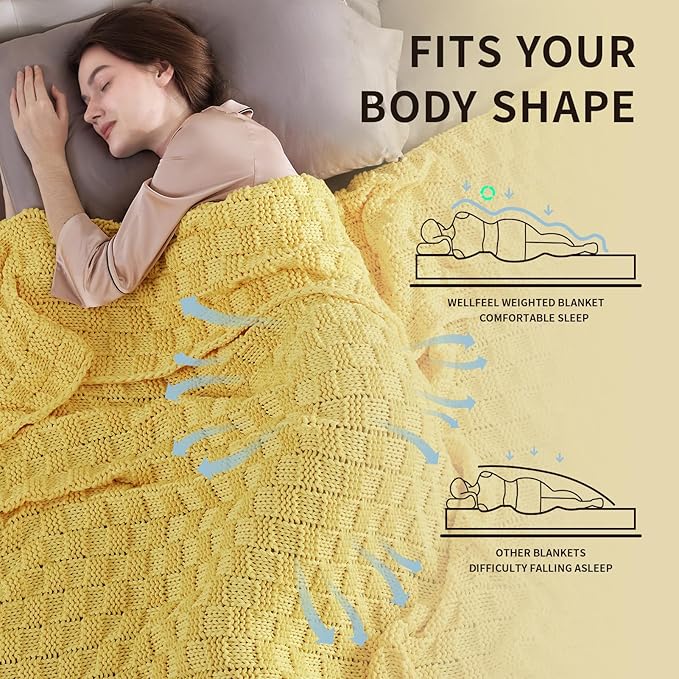 Knitted Weighted Blanket for Adult, No Beads Heavy Blanket 60” x 80'' 10lbs, Breathable Chunky Knit Blanket, Cooling Weighted Blanket for Hot Sleepers, Christmas Home Decor (Yellow)